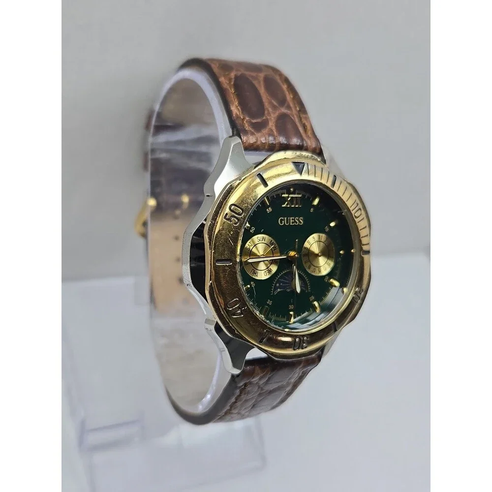 Vintage Guess 41mm Waterpro Moon Phase Day Date Green Mens Watch New Battery